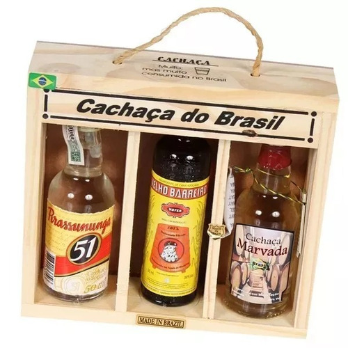 Kit 3 Cachaças Do Brasil 50ml Na Caixa Souvenir Artesanato