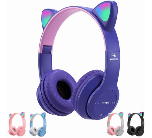 Audífonos Bluetooth 5.0 Luminoso Gato Diadema para Niños y Adultos, Gamer Audífonos Inalámbricos P47 Con Luz Led Plegable Carga USB Violeta