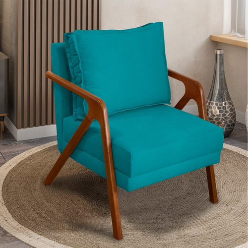 Poltrona Cadeira De Luxo Shine Madeira Maciça Azul Turquesa Cor Azul-turquesa Desenho do tecido TECIDO SUEDE