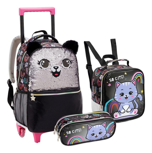 Kit Mochila Rodinha Lancheira Escolar Menina Gatinho Glitter