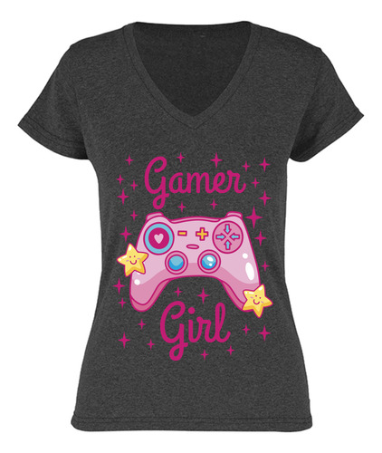 Playera Cuello V Gamer Girl - Video Juegos - Control Rosa