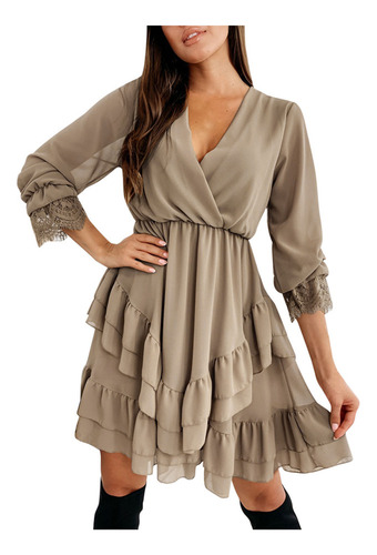 New.. Falda De Volantes Con Cuello En V Y Manga Larga Con