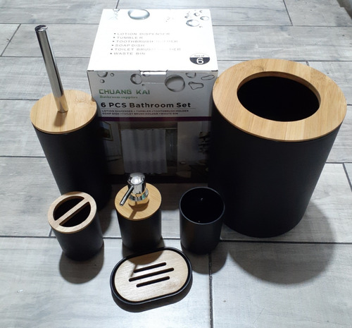 Imagen 3 de 8 de Set X6 De Baño Dispenser Tacho Portacepillo Escobilla Bambú