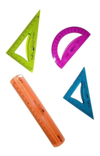 Set 4 Regla Y Escuadras Flexibles Diferentes Irrompible Neon