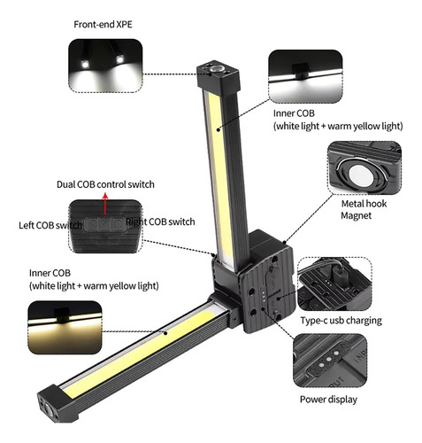 Lámpara De Gimnasio Led Magnética Portátil Recargable Usb Color De La Luz Color De La Linterna