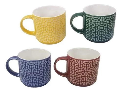 Tazas De Cerámica Apilables Multicolor 4pz 414 Ml C/base Color Verde De Tazas