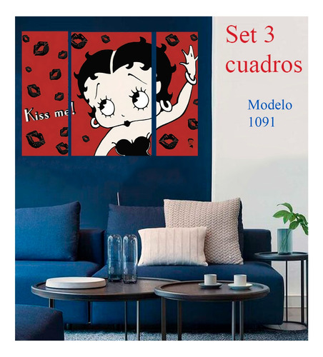 Cuadro Decorativo Betty Boop Caricatura Kiss Me En 3 Piezas 