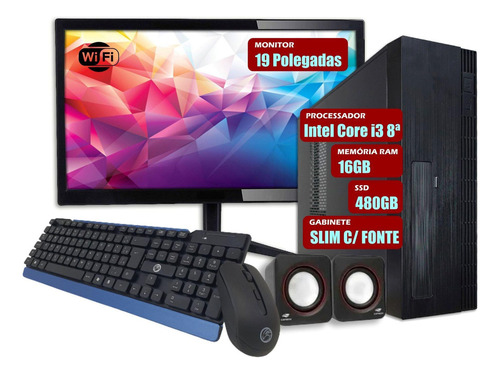 Computador Slim I3 8 16gb Ssd 480gb Tela 19 Wifi Kit Preto