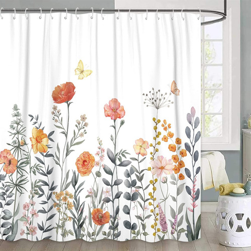 Kanuyee Cortina Ducha Floral Tela Blanca 12 Gancho Para Baño