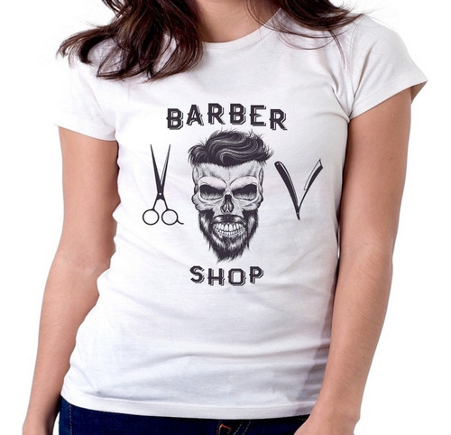 Blusa Camiseta Feminina Baby Look Barber Shop Caveira Cabelo