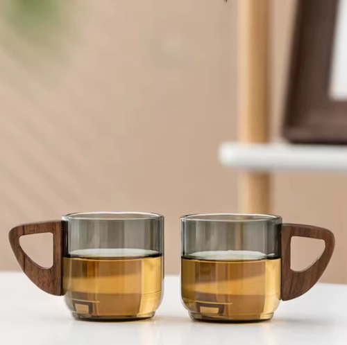Tazas Cafe Expreso Cristal Mango Madera 100 Ml Set 2 Piezas