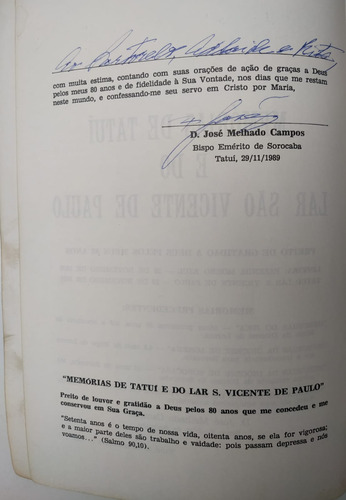 Memórias De Tatuí E Do Lar São Vicente De Paulo = Bispo Dom José Melhado Campos / Ano 1989 (Usado)