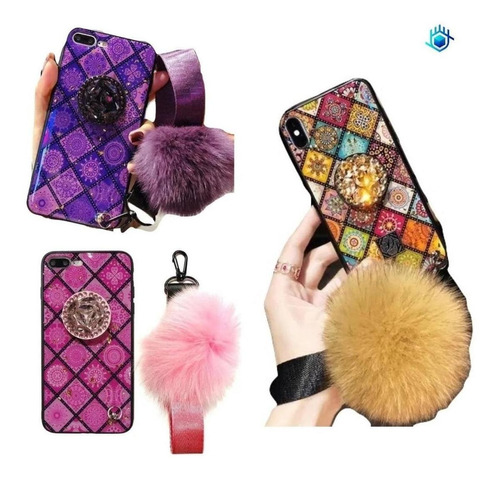 Funda Mandala Para iPhone + Pompon Charm Mujer Correa Mano