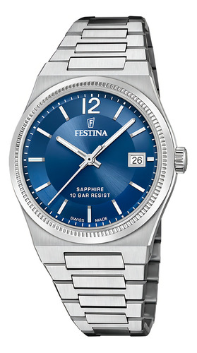 Reloj Festina F20035/4 Swiss Made Mujer Cristal Zafiro Suizo Correa Plateado Bisel Plateado Fondo Azul