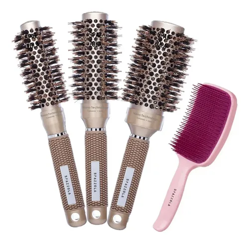 Kit Salão 3 Escovas Cerda Javali Vazada + Raquete Cor Dourado