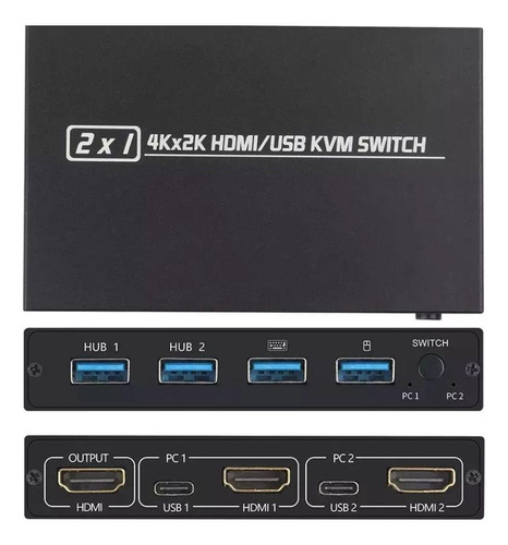 Conmutador KVM 2x1 USB 3.0 Hdmi y hub compatible con 4k