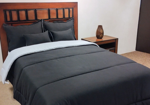 Edredón Matrimonial Set 9 Pzas Doblé Vista Negro/gris Claro Negro Liso