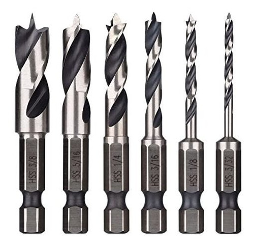 Juego 6 Broca Brad Point 1 4 Vastago Hexagonal Para