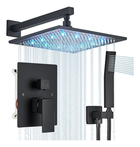 Cabezal De Ducha Led 12 Con Sistema De Lluvia, Negro Mate