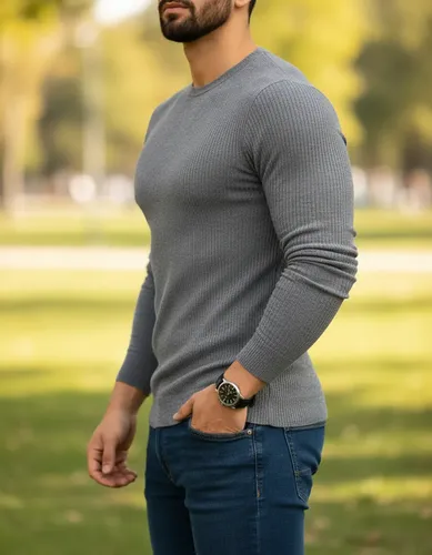 Camisa Masculina Camiseta Canelada Manga Longa Básica Casual