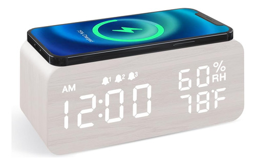 Reloj Despertador Digital De Madera Con Carga Inalámbrica, P
