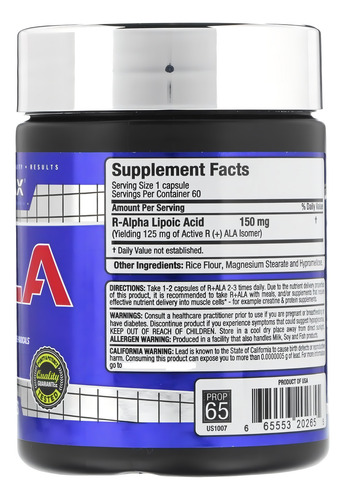 Allmax R+ALA (ácido alfa lipoico R+) 150 mg 60 cápsulas - Eua