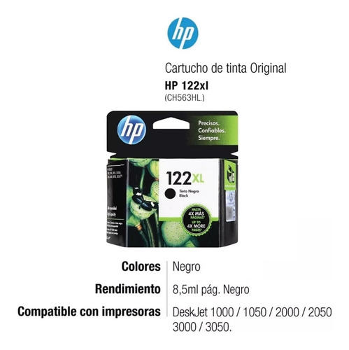 Imagen 2 de 6 de Cartucho Hp 122xl Negro Ori Ch563hl 1000 1050 2000 2050 3050