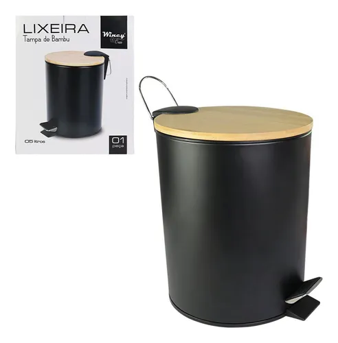 comprar Lixeira  Cesto Lixo Inox Preta Com Tampa De Bambu 5 Litros