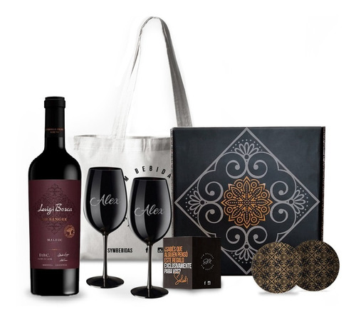 Box Set Vino Luigi Bosca Sangre Malbec 2 Copas Negras Kit