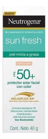 Protector solar facial tono claro Neutrogena sun fresh derm care niacinamida FPS 50+ 40g