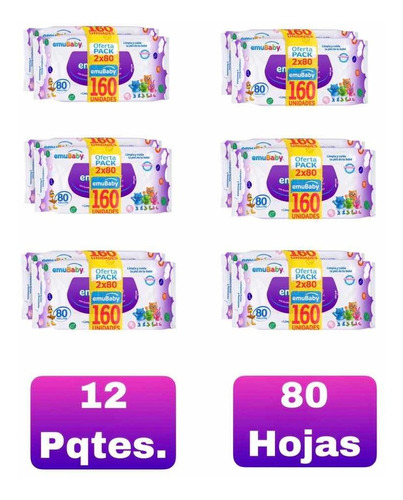 Pack 12 Pqtes. Toallas Húmedas Emubabys 80 Un Por Paquetes.