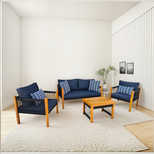 Conjunto Sofá + Poltrona + Mesa De Centro Área Externa Cor Azul e Branco