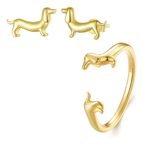 Anillo Y Aretes Set Perro Salchicha Plata S925 Chapa Oro 18k