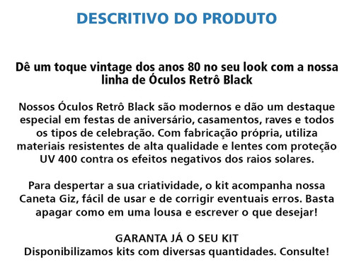 Kit 2 Óculos De Sol Retrô Preto + 1 Caneta Giz Festa Balada