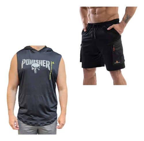 Musculosa Deportiva Hombre Punisher + Short Cargo Negro Cuo