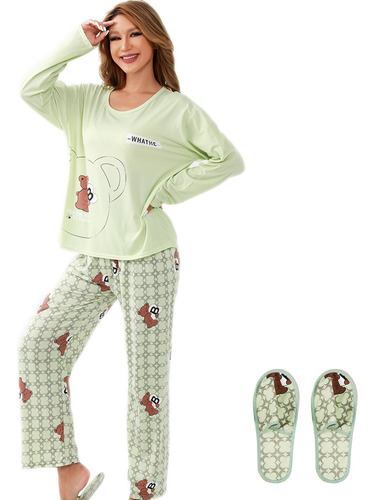 3pzs Pijamas Mujer Primavera Manga Y Pantalón Y Pantuflas