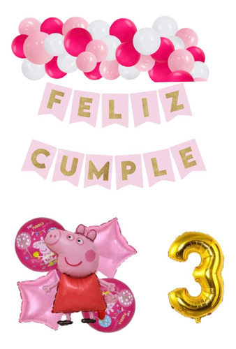 Combo Cumple Globos Peppa Pig Banderin Numero Estrellas