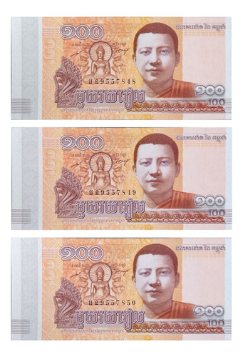 3 Billete Camboya 100 Riels Unc 2014 Consecutivos + Regalo