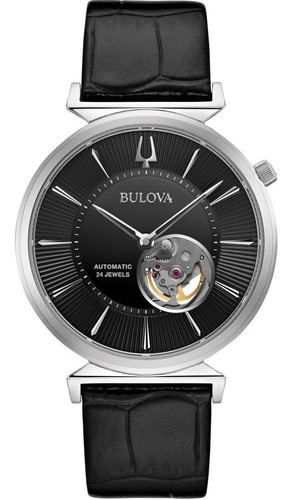 Reloj Bulova Classic Regatta Automatic Open Heart 96a234 Color de la malla Negro Color del bisel Plateado Color del fondo Negro
