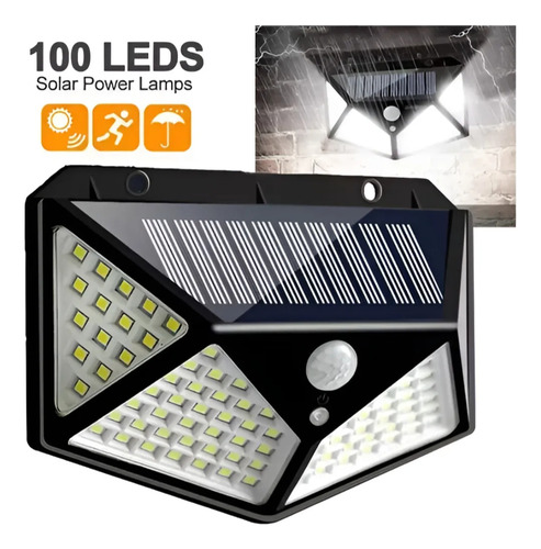 2 Aplique Reflector Solar 100 Led Recargable Luz Fria Ext. Negro Blanco Frío