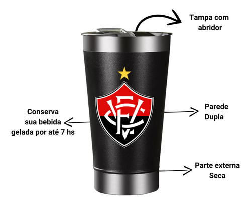 Copo Do Vitória Térmico Inox Com Tampa Abridor 473ml Preto Símbolo Vitória