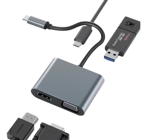 Adaptador Usb C Hub 4 En 1  Hdmi 4k / Vga / Tipo C / Usb 3.0