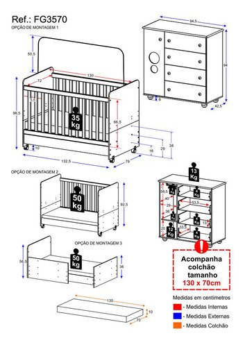 Quarto Infantil Berço com Colchão Incluso e Cômoda Multimóveis Pimpolho FG3570 Branco