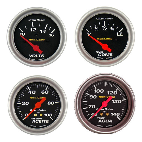 Kit De 4 Relojes Orlan Rober High Comp Temperatura De Agua + Presión De Aceite + Nivel De Combustible +  Voltímetro 