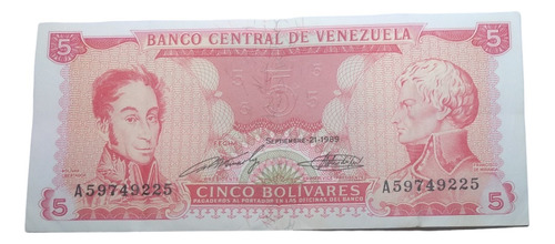 Billete Banco De Venezuela 5 Bolívares Serie A Año 1989