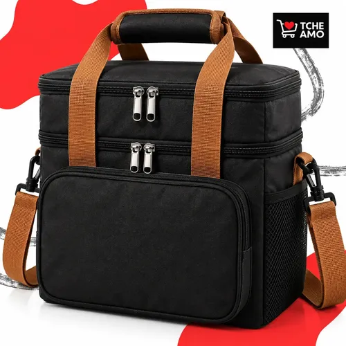 Bolsa Térmica Marmita Lancheira Alça Transversal Ajustável Removível 2 Compartimentos Organiza Conserva Seus Alimentos Quente ou Frio Cor Preto Tche Amo