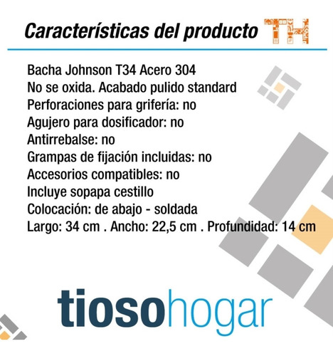 Imagen 5 de 10 de Pileta Bacha Acero Inoxidable Johnson T34 Cocina