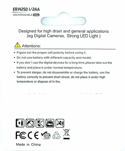 Pilas Ebl Er14250 1/2aa Litio 3.6 Volts En Blíster Sellado