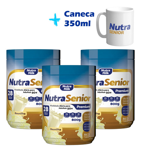 Kit 3 Nutra Senior Premium 800g Zero Lactose + Caneca