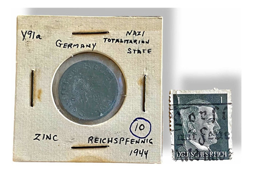 Estampilla Hitler + Moneda 10 Pfennig Alemana 1944 D